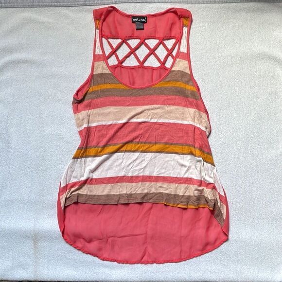 Wet Seal Striped Hi/Low Lightweight Tank Top w/Sheer Back and Cut Outs (Size: S) - Picture 6 of 12